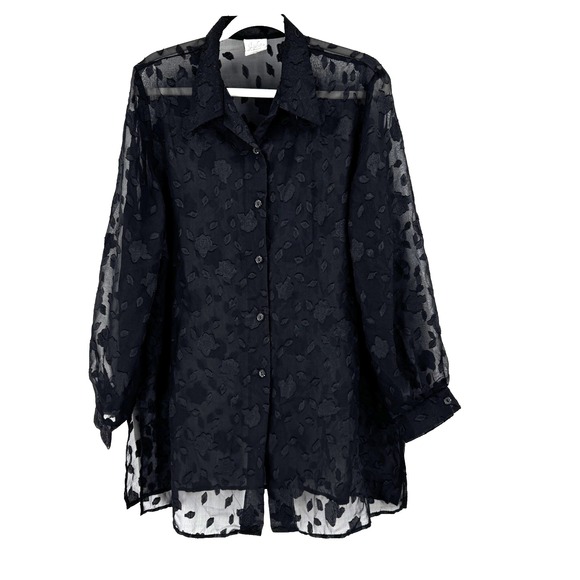 90s Jaclyn Smith Sheer‎ Floral Button Front Tunic Blouse Women's Large Black USA - Picture 1 of 9